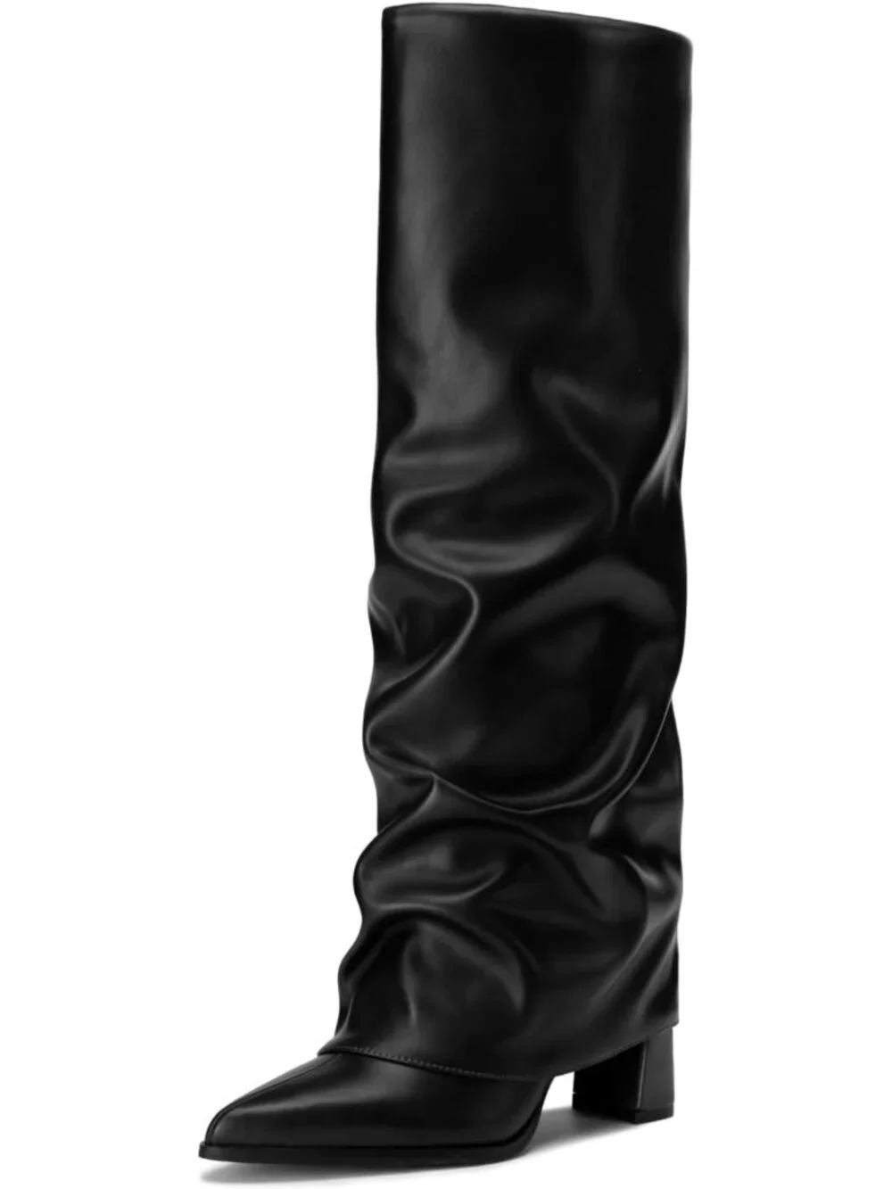 Women's Black Pointed Toe Pu Leather Chunky Heel Fold Over Knee High Boots